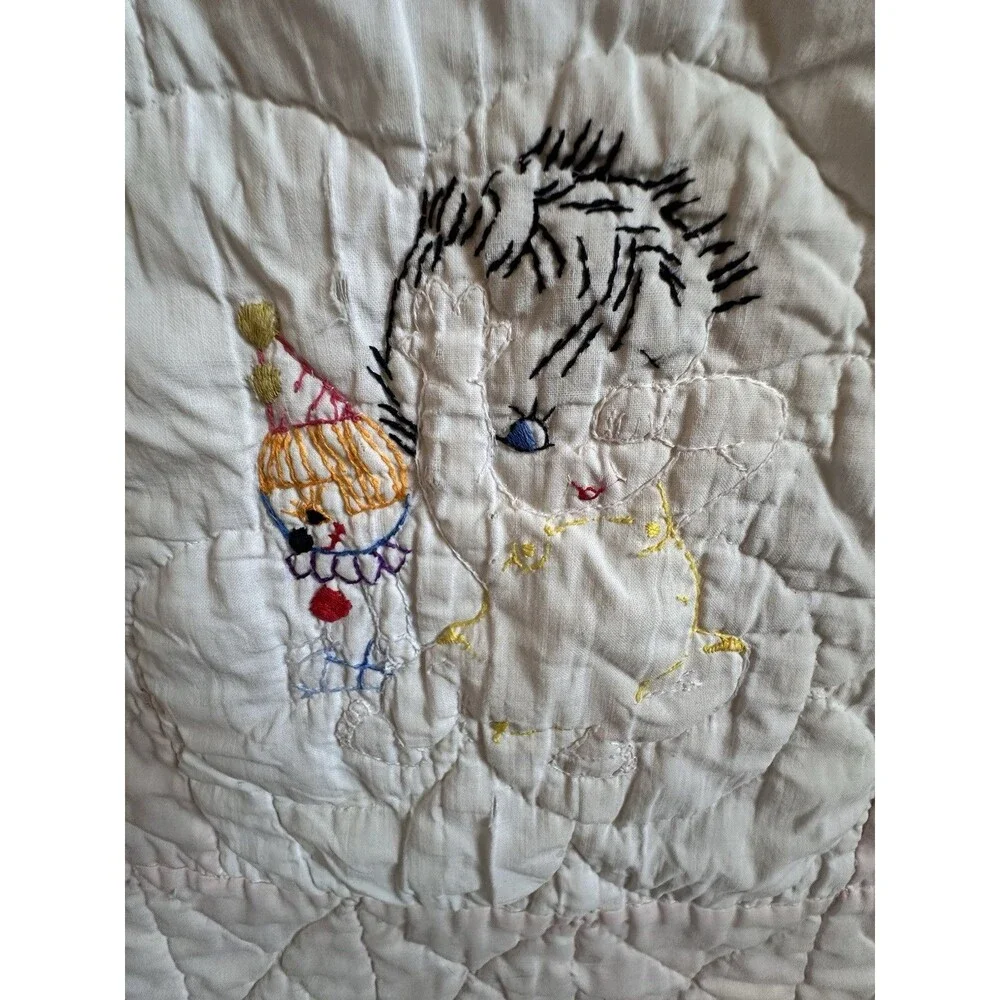 Vintage Handmade Baby Quilt – Embroidered Nursery Animals Pink 52 X 42